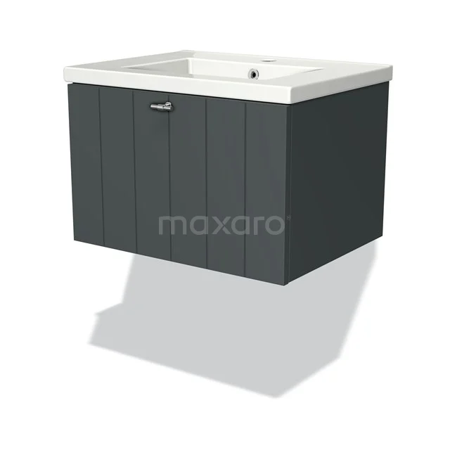 Modulo Bathroom furniture with sink | 60 cm Dark grey Slat front Ceramic 1 drawer BMW11-01430 Grey wooden wall unit with ceramic basin, ideal for modern bathrooms, compact design with soft-close drawers.