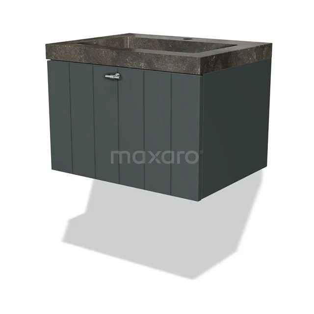 Grau Badmöbel mit dunkler Holzplatte, modernes Design und vertikalen Linien, ideal für eine stilvolle Badezimmer Einrichtung.