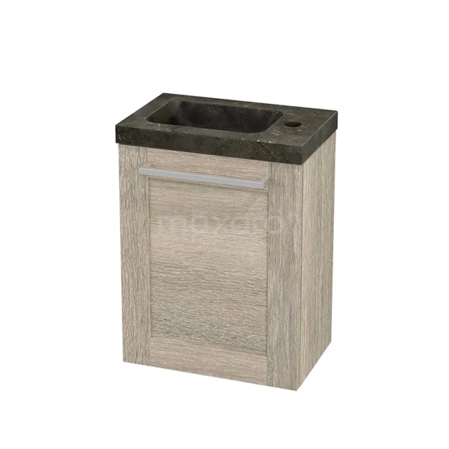Compact wooden bathroom unit in oak look with dark grey vanity units with basin, ideal for small bathrooms.