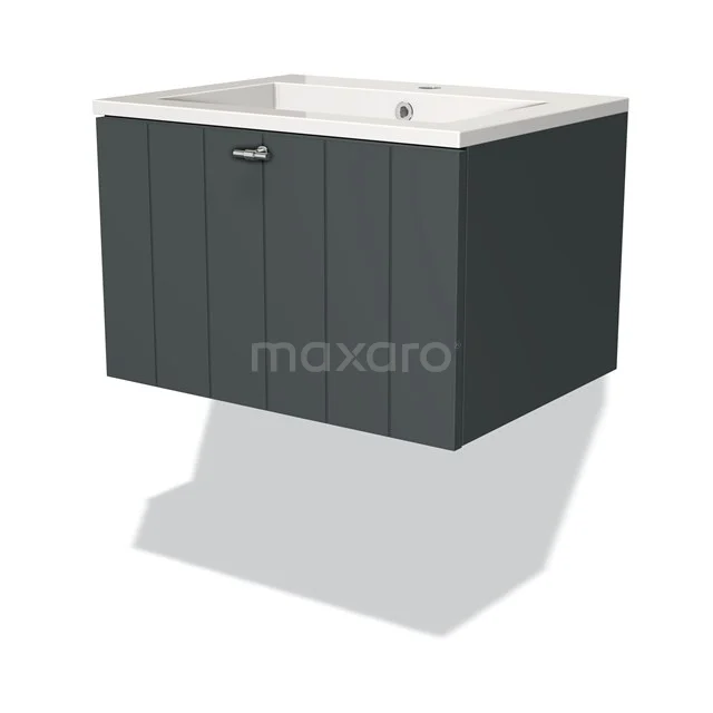 Dark grey hanging bathroom cabinet with basin, modern design, featuring a single metal Handle and vertical lines.