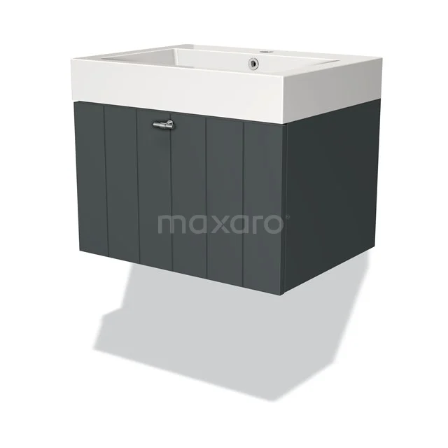 Dark grey hanging bathroom unit with integrated vanity units with basin, white top and vertical slats for a modern look.