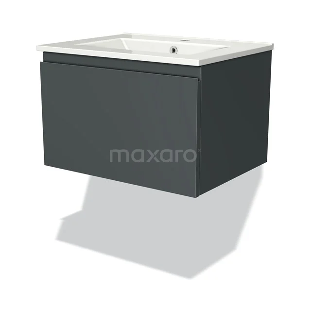 Antrazit Badmöbel mit mattschwarzem Waschbeckenunterschrank, schlankes Design und integrierter keramischer Waschbecken.