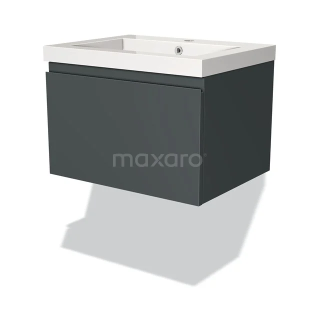 Grauer schwebender Badschrank mit einem weißen keramischen Waschbecken, minimalistisches Design für moderne Bäder.