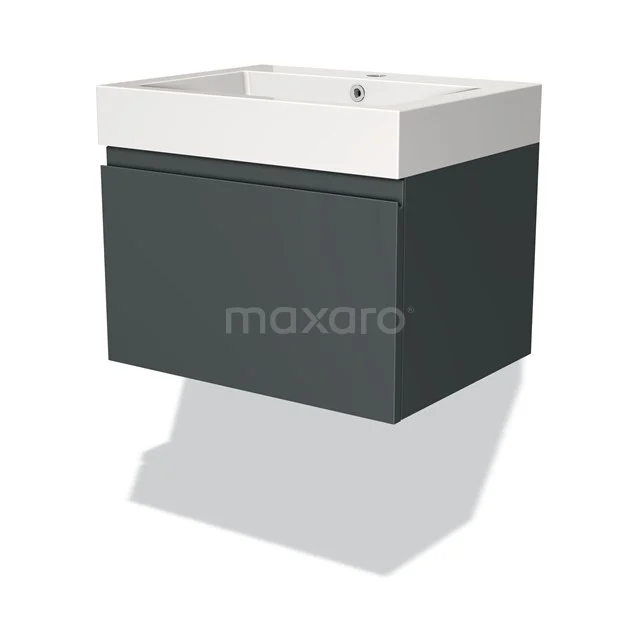 Modern hanging vanity unit, anthracite-coloured with white ceramic basin, ideal for compact bathroom layouts.