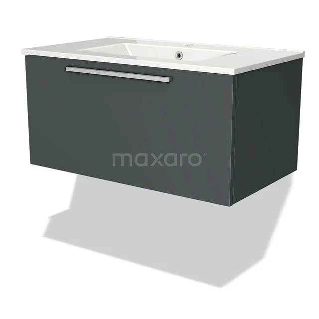 Dark grey floating vanity unit with soft-close drawers and integrated basin, ideal for modern bathroom design.