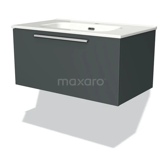 Badmöbel 80cm Modulo Dunkelgrau 1 Schublade Flaches Waschbecken aus Keramik BMW11-01454 Dunkelgrauer schwebender Badschrank mit weißem Waschbecken, modernes Design, ausgestattet mit breitem Metallhaltegriff.