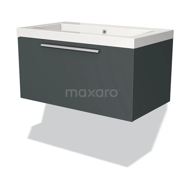 Dark grey-handled bathroom unit with white vanity units with basin, modern design and slim metal handle.