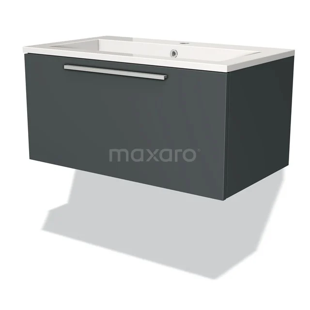 Badmöbel 80cm Modulo Dunkelgrau 1 Schubladen-Flachwaschbecken Mineralguss BMW11-01460 Dunkelgrauer schwebender Badschrank mit integrierter weißer Waschbecken, modernem rechteckigen Form und Chrom Haltegriff.