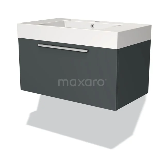 Dark grey floating vanity units with basin, sleek design and metal handle. Perfect for modern bathrooms.
