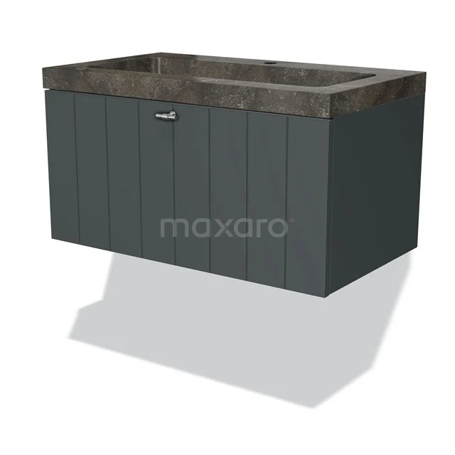 Badmöbel 80cm Modulo Dunkelgrau 1 Schubladen-Lamellen-Waschbecken aus Naturstein Blaustein BMW11-01468 Dunkelgrauer Holz-Badschrank mit industriellem Look und einer Steine Waschtischplatte, perfekt für einen modernen Badezimmerstil.