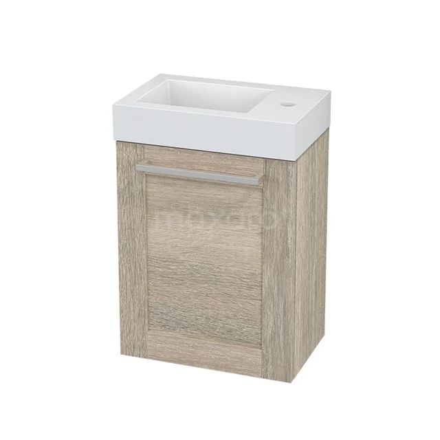 Bathroom unit compact, wood-look cabinet with white ceramic basin, ideal for small bathrooms or modern cloakrooms.