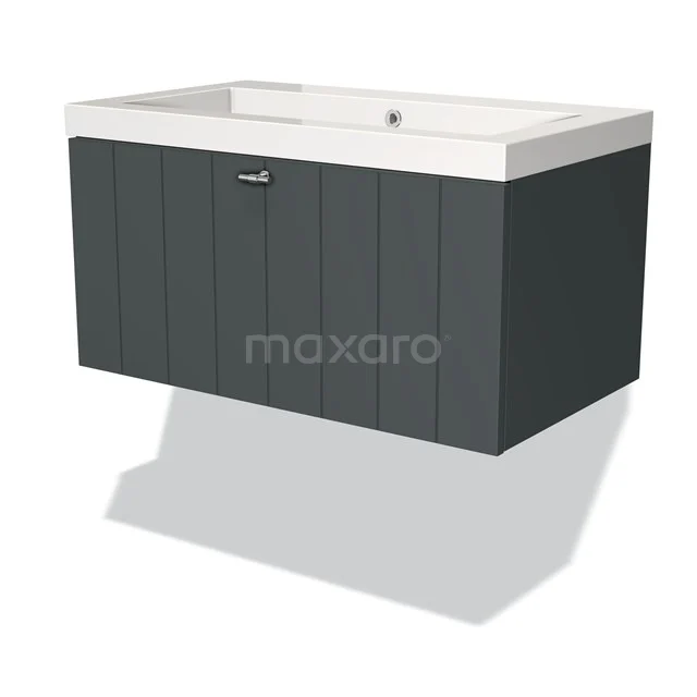 Dark grey hanging bathroom unit with white vanity units with basin, modern design and vertical stripes, ideal for a stylish bathroom.