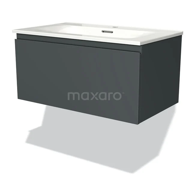 Modulo Bathroom furniture with sink | 80 cm Dark grey Handle-less front Ceramic 1 drawer BMW11-01479 Dark grey floating bathroom furniture set with matte surface and white basin, ideal for modern bathroom design.