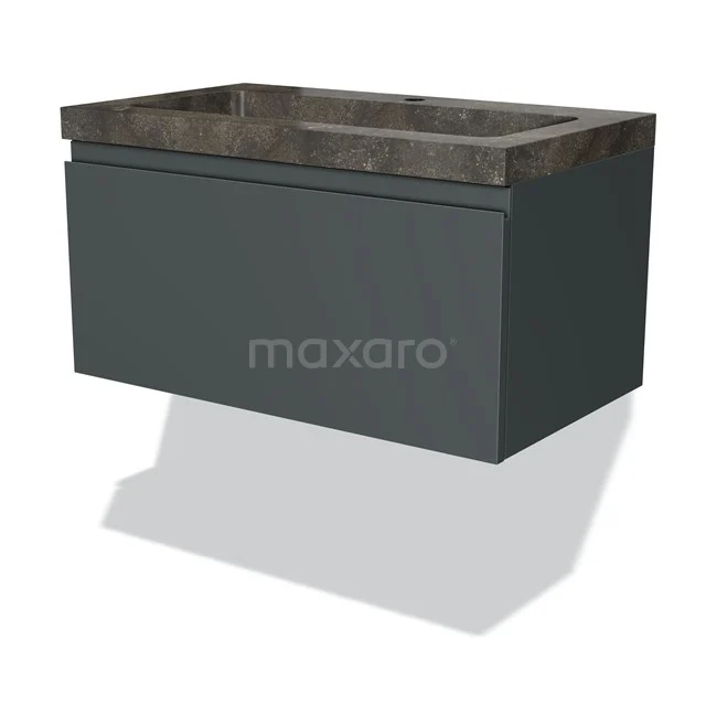 Badmöbel 80cm Modulo Dunkelgrau 1 Schublade griffloses Waschbecken Naturstein Blau BMW11-01480 Graue Badmöbel mit dunklem Marmorwaschbecken; modernes schwebendes Design, ideal für stilvolle und funktionale Bäder.