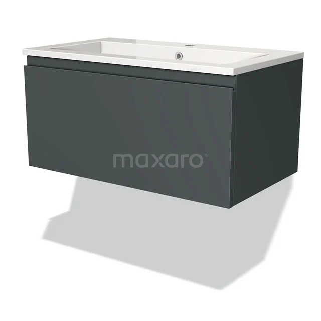 Dark grey floating bathroom furniture set with ceramic basin, modern design made of high-quality materials.