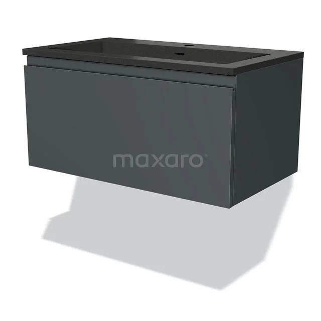 Dark grey bathroom cabinet with matt black basin worktop, modern design, wall-mounted, ideal for stylish bathroom storage.