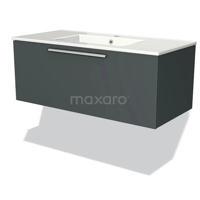 Dark grey floating bathroom cabinet with white basin, sleek handle and modern design.