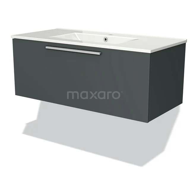 Modulo Waschtische | 100 cm Dunkelgrau Flach front Keramik 1 Schublade BMW11-01489 Graues Waschtischmöbel mit weißer Keramikplatte, schlichtem Design und metallischem Haltegriff; perfekt für ein modernes Badezimmer.