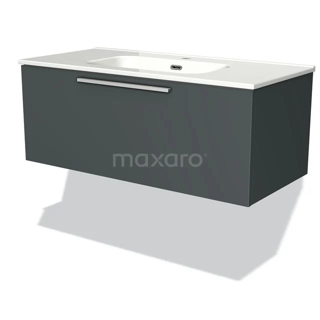 Graues schwebendes Badezimmermöbel mit weißem Waschbecken, modernes Design und schlanker Haltegriff. Perfekt für ein stilvolles Badezimmer.