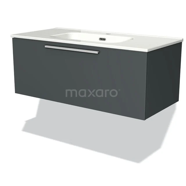 Graues schwebendes Badezimmermöbel mit weißem Waschbecken, modernes Design und schlanker Haltegriff. Perfekt für ein stilvolles Badezimmer.