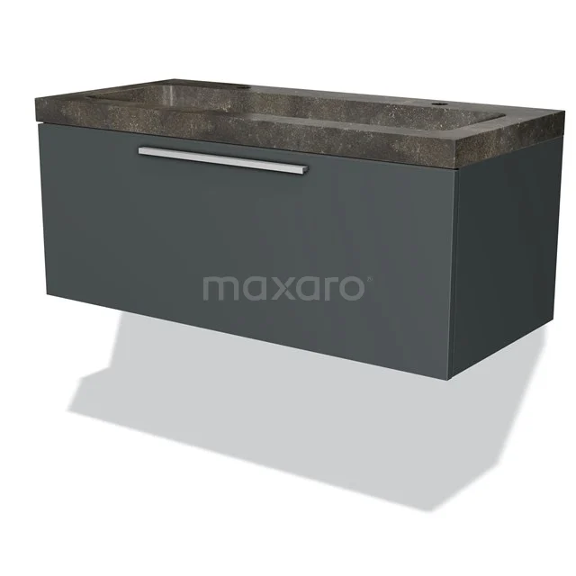 Badmöbel 100cm Modulo Dunkelgrau 1 Schublade Flaches Waschbecken Naturstein Blaustein BMW11-01492 Antrazit Badmöbel mit marmoriertem Waschbecken, schickem Haltegriff und modernem Design, perfekt für ein stilvolles Badezimmer.