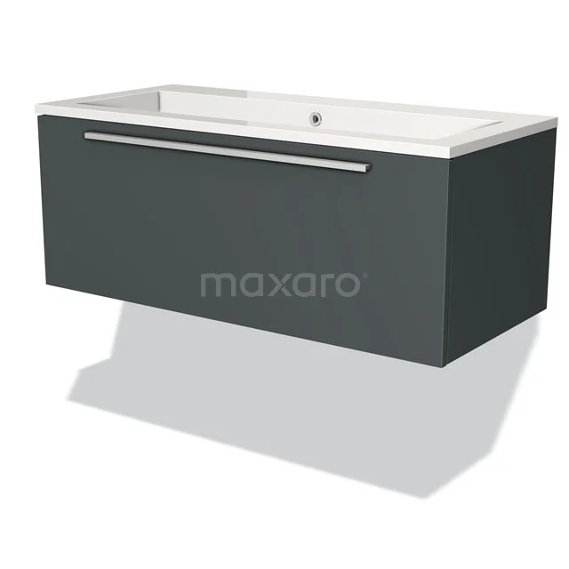 Dark grey, wall-mounted bathroom unit with white ceramic basin worktop and metal Handle, modern design.