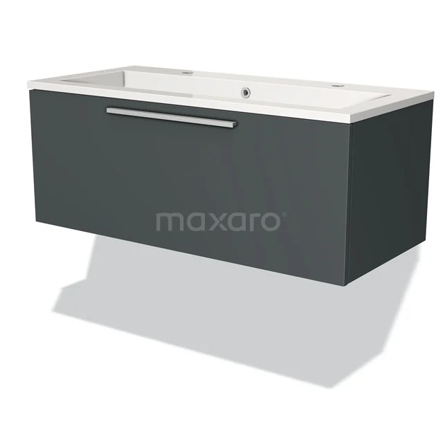 Badmöbel 100cm Modulo Dunkelgrau 1 Schublade Flaches Waschbecken Mineralguss BMW11-01499 Dunkelgrauer schwebender Waschbeckenunterschrank mit weißem Aufsatzwaschbecken, modernes Design, ideal für eine schlichte Badezimmergestaltung.