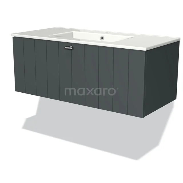 Modulo Bathroom furniture with sink | 100 cm Dark grey Slat front Ceramic 1 drawer BMW11-01502 Dark grey hanging vanity unit with handle-less drawer, white ceramic sink and modern design for the bathroom.
