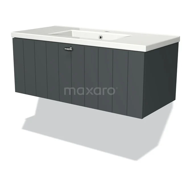 Modulo Vanity units with basin | 100 cm Dark grey Slat front Ceramic 1 drawer BMW11-01503 Grey floating bathroom unit with vertical lines, white ceramic vanity units with basin and a minimalist handle.