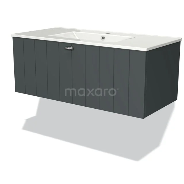 Modulo Waschtische | 100 cm Dunkelgrau Lamelle front Keramik 1 Schublade BMW11-01504 Zwevend graues Badmöbel mit weißem Waschbecken, modernen Paneelen und chromfarbener Haltegriff; ideal für ein stilvolles Badezimmer.