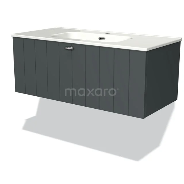 Grey hanging bathroom cabinet with white basin worktop, vertical panels and single drawer, modern design for stylish bathrooms.