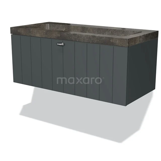 Modulo Bathroom furniture with sink | 100 cm Dark grey Slat front Natural stone 1 drawer BMW11-01507 Dark grey hanging bathroom cabinet with wood look, integrated basin and modern finish, ideal for stylish bathroom.