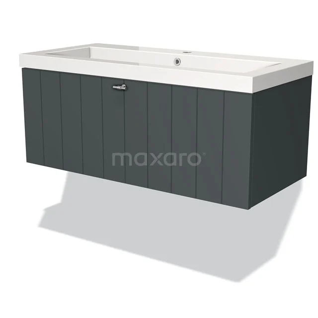 Modulo Bathroom furniture with sink | 100 cm Dark grey Slat front Mineral marble 1 drawer BMW11-01510 Dark grey bathroom unit with vertical panels, white vanity units with basin and one drawer, ideal for storage space in modern bathrooms.