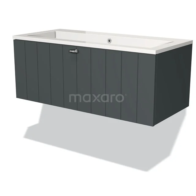 Modulo Waschtische | 100 cm Dunkelgrau Lamelle front Mineralguss 1 Schublade BMW11-01512 Antrazit Badezimmermöbel mit horizontalen Rillen, breitem keramischen Waschbecken und einem chromfarbenen Griff, modernes Design.
