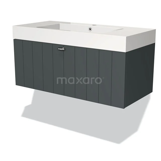 Modulo Waschtische | 100 cm Dunkelgrau Lamelle front Mineralguss 1 Schublade BMW11-01515 Graue hängende Waschbecken mit weißem Kunststoffwaschbecken und vertikalen Linien, ideal für ein stilvolles Badezimmer.