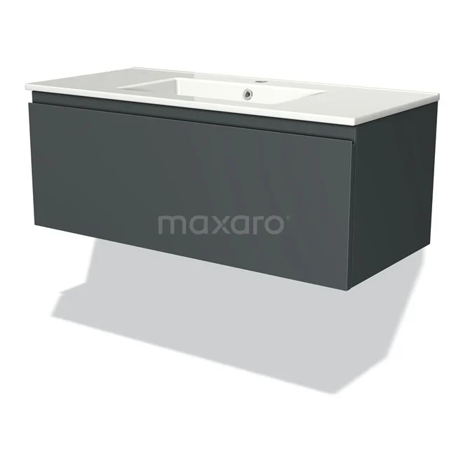 Badmöbel 100cm Modulo Dunkelgrau 1 Schublade griffloses Waschbecken aus Keramik BMW11-01517 Dunkelgrauer hängender Badschrank mit integriertem Waschbecken, minimalistisches Design und matter Oberfläche.