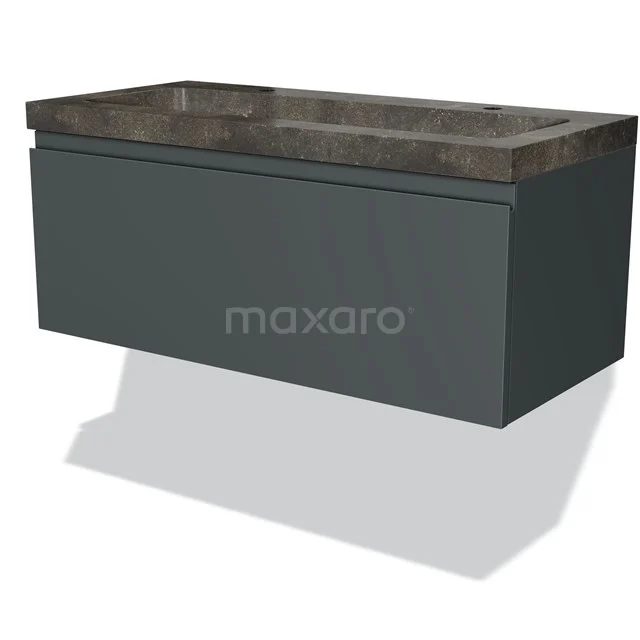 Graue hängende Badmöbel mit dunklem Steine Waschbecken, modernes Design, ideal für ein stilvolles und funktionales Badezimmer.