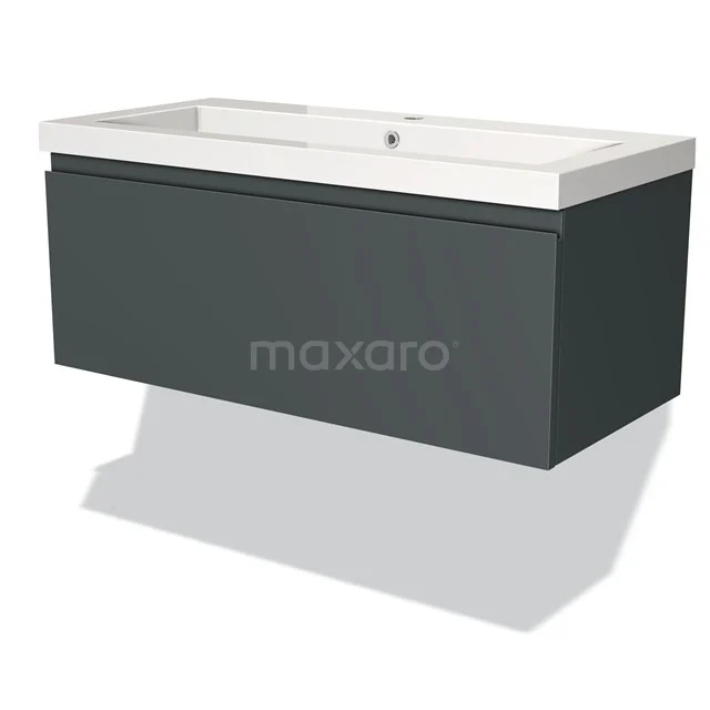 Grey hanging bathroom cabinet with white basin, modern design, matte finish, suitable for stylish bathroom storage.