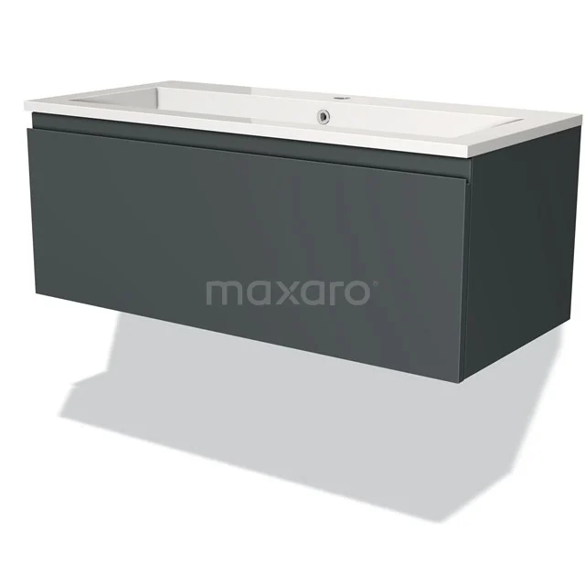 Dark grey bathroom furniture set with white ceramic basin, wall-mounted, modern design.