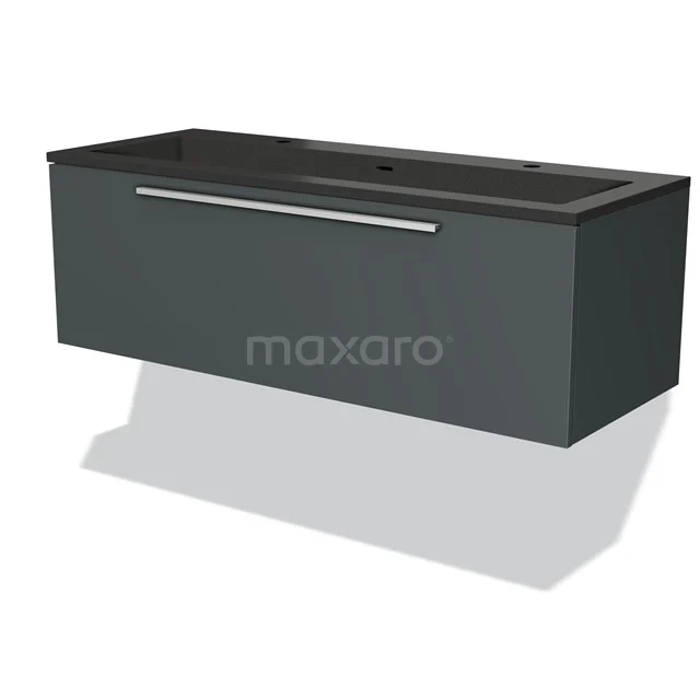 Anthracite-grey floating bathroom unit with integrated vanity units with basin and slim chrome handle, modern design.