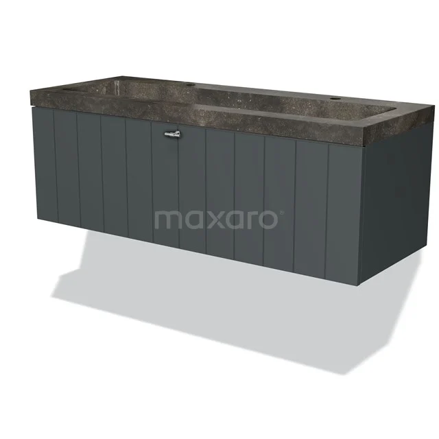 Modulo Vanity units with basin | 120 cm Dark grey Slat front Natural stone 1 drawer BMW11-01539 Black-grey vanity unit set with double basin, wood-look finish and modern design; ideal for a stylish bathroom.
