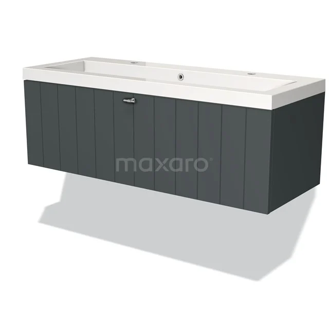 Modulo Waschtische | 120 cm Dunkelgrau Lamelle front Mineralguss 1 Schublade BMW11-01541 Graues hängendes Waschtisch mit doppeltem weißen Waschbecken, moderner Badezimmerstil, matte Oberfläche und klare Linien.