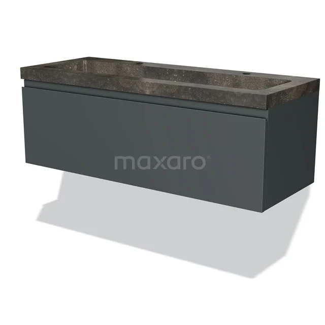 Dark grey floating vanity unit with marble worktop, ideal for a stylish and modern bathroom design.