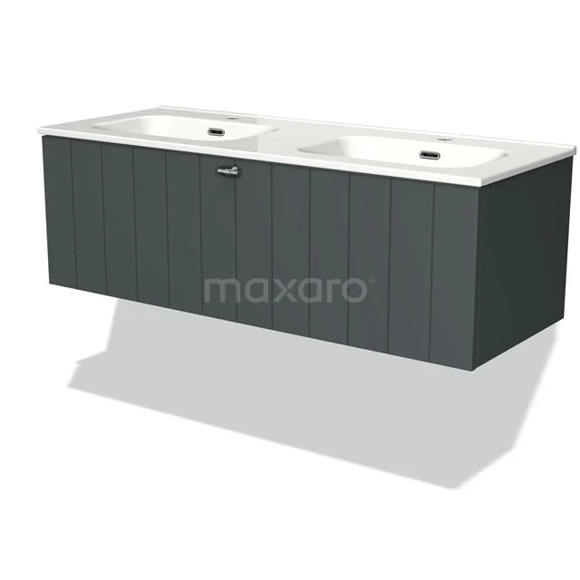 Double basin with dark grey wooden cabinet, modern design, ideal for stylish bathroom decoration.