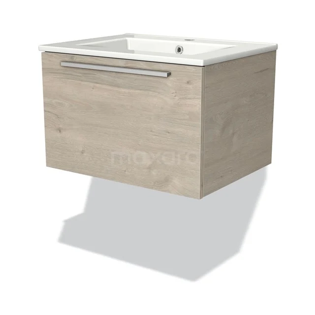 Wooden bathroom unit with one drawer, white basin worktop and integrated Handle, suitable for modern bathrooms.