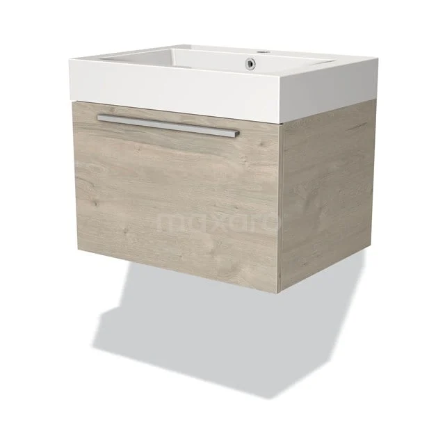 Badmöbel 60cm Modulo Hellgraue Eiche 1 Schublade Flaches Waschbecken Mineralguss BMW11-01598 Holz-Badmöbel mit weißem Waschbecken, Schublade und metallischem Haltegriff, ideal für einen modernen oder skandinavischen Badezimmerstil.