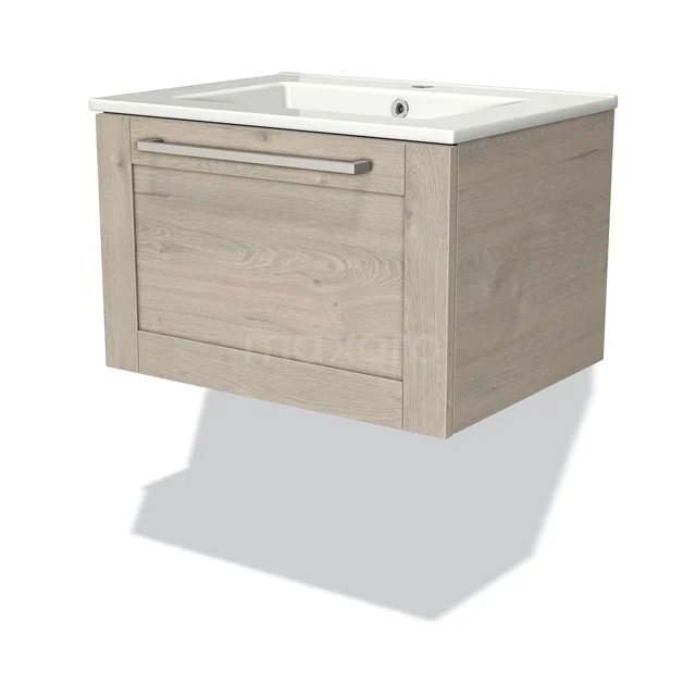 Hanging bathroom unit wood-look with drawer, white ceramic basin worktop, ideal for a modern, compact bathroom.