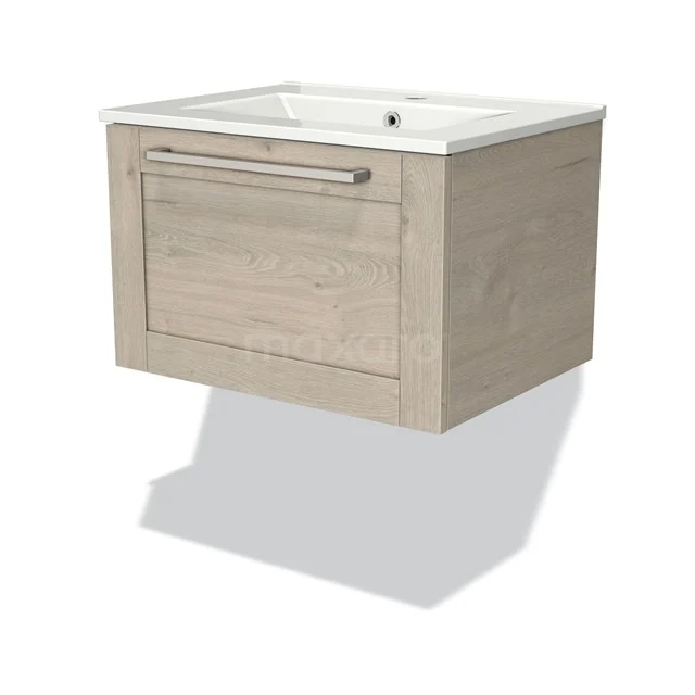 Hanging wooden bathroom unit in oak look with integrated white vanity units with basin and metal handle, sleek and modern design.