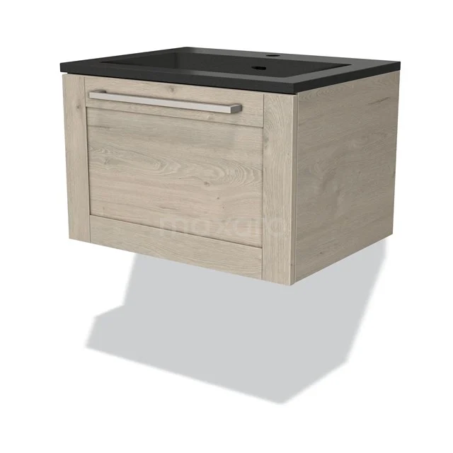 Hanging bathroom unit wood-look with black basin worktop, compact design, perfect for modern bathrooms.