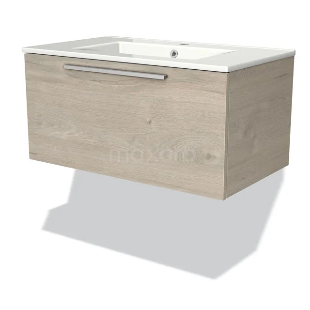 Holz Badmöbel mit Waschbecken, Eiche Optik, schwebendes Design, ideal für stilvolle Badezimmerlagerung.